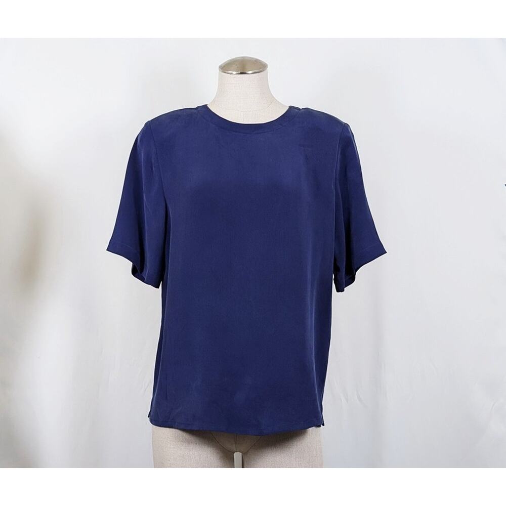 Vintage 90s Blouse Navy Blue Silk Short Sleeve Women's Size MP Medium Petite